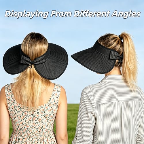 Sun Visor Hats Summer Wide Brim Clip on Beach Adjustable Large Brim Cap Golf Hat for Women - color: Black
