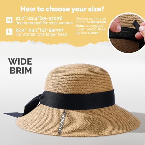 Womens Straw Beach Sun Hat, UV Protection UPF 50+, Lightweight Straw Bucket Hat, Summer Travel - color: Khaki-ribbon, size: Medium