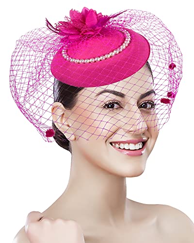 Pillbox Hat with Veil Vintage Fascinators for Women Tea Party Bridal Wedding Halloween First Communion Hats - color: Z-pink