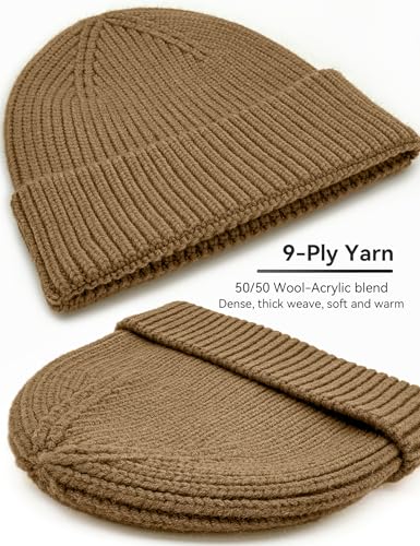 vidsel 50% Wool Thick Beanie Hat Men Women, Seamless Cuffed Winter Knit Cap - color: 1pcs Camel