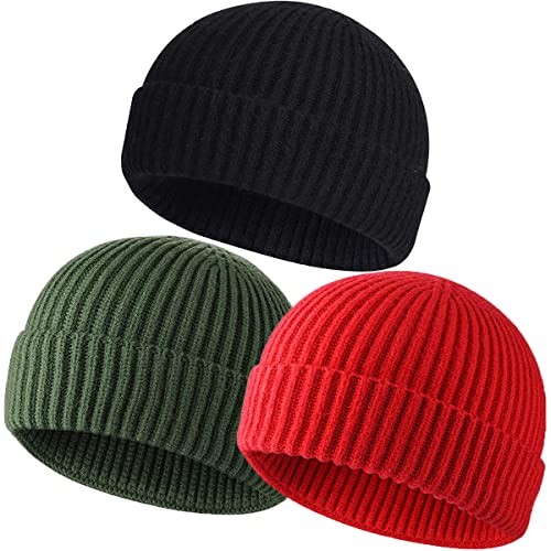 vidsel Wool Knit Cuff Short Fisherman Beanie for Men Women, Winter Warm Hat - color: Black,green,red