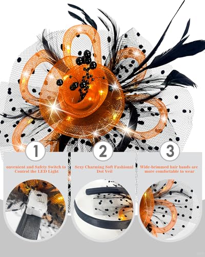 Women Fascinator Hats LED Light Up Headband for Tea Party Halloween Night Headwear Christmas Mardi Gras - color: Black Orange