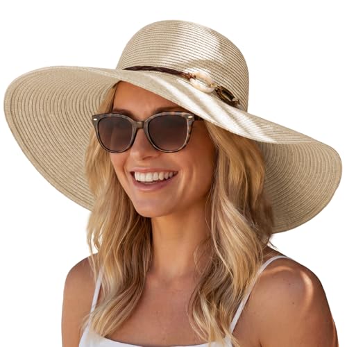 Hat Hut Wide Brim Beach Sun Hat for Women UPF 50+ UV Protection Packable Floppy Straw Hats for Summer - color: Beige, size: Large