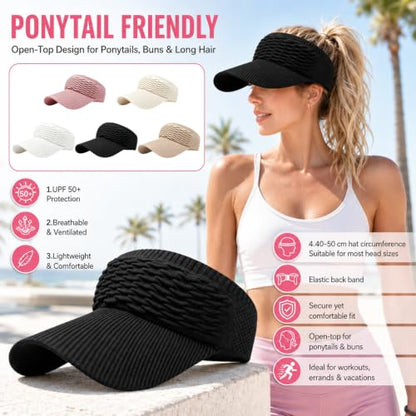 2Pcs High Ponytail Sun Visor Hat, Women's Sun Visor Hats, Knitted Breathable Wide Brim UV Protection Cap - color: Off-white + Pink