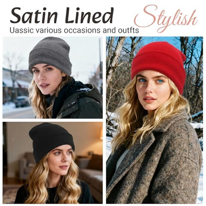 PFFY Satin Lined Beanie for Women Winter Hats Warm Reduce Frizz - color: Grassgreen