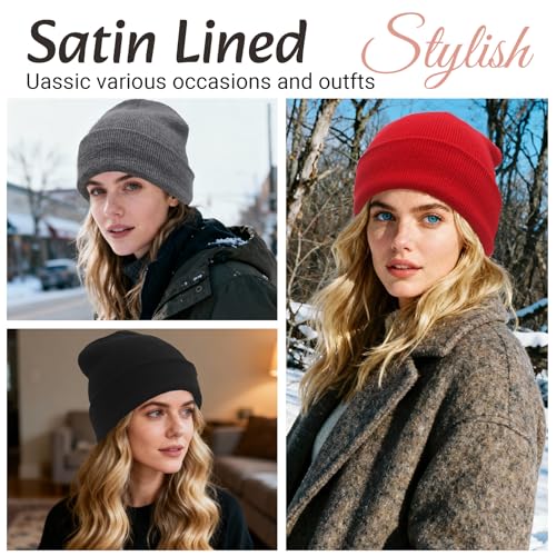 PFFY Satin Lined Beanie for Women Winter Hats Warm Reduce Frizz - color: Lightgrey