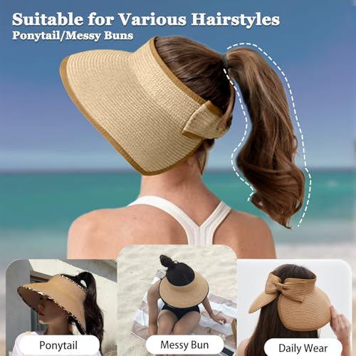 Women's Sun Visor Hats Wide Brim Straw Beach Hat Ponytail Hats for Women Foldable Floppy - color: 1pack-beige/Khakibasic