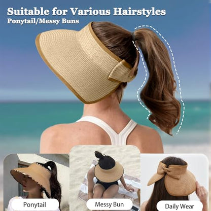 Women's Sun Visor Hats Wide Brim Straw Beach Hat Ponytail Hats for Women Foldable Floppy - color: 1pack-beige/Khaki Basic
