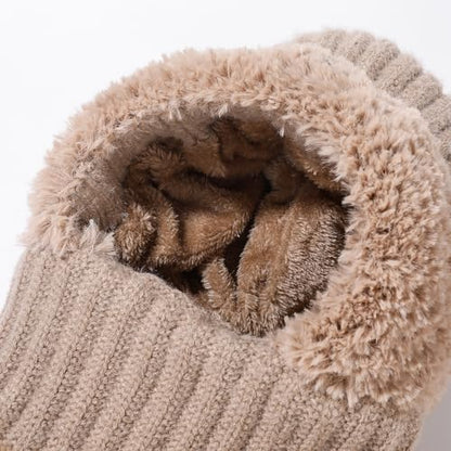 HUAMULAN Women Winter Knit Beanie Hats One Piece Fleece Lined Balaclavas - color: Khaki + Faux Fur