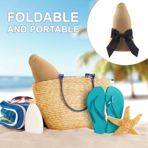 DRESHOW Sun Hats for Women Travel Fedora Foldable Beach Sun Hat Summer Wide Brim Straw Bucket Hat with Bowknot UPF 50+ - color: 1 Pack Bowknot Straw Hat: Khaki