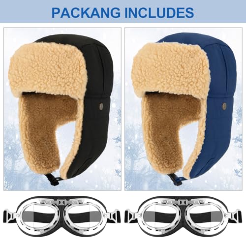 JaGely 4 Pcs Pilot Hat and Goggles Flight Costume Accessories Pilot Helmet Cap with Ear Flaps Hat Adults Winter - color: Blue and Black, style: Classic