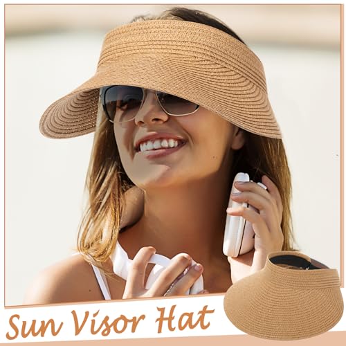 Chicingyou Sun Visor Hat for Women Wide Brim Straw Visors Beach Hat Ponytail UV UPF Packable Foldable Travel - color: Brown