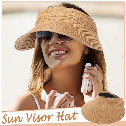 Chicingyou Sun Visor Hat for Women Wide Brim Straw Visors Beach Hat Ponytail UV UPF Packable Foldable Travel - color: Brown