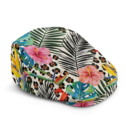 Newsboy Cap for Men Women Adjustable Flat Cap Gatsby Hat Retro Eight Panel Baker Boy Hat Lightweight Casual Cap - color: Leopard Print Tropical Floral