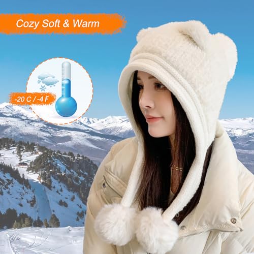 HUAMULAN Women Winter Sherpa Knit Beanie Hats with Pom Poms Ear Flaps - color: Xz3123-baise