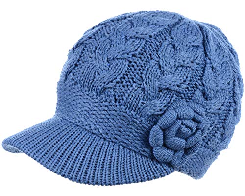 Womens Winter Elegant Cable Flower Knitted Newsboy Cabbie Cap Beret Beanie Hat with Visor, Warm Plush Fleece Lined - color: Denim Blue Cable Flower