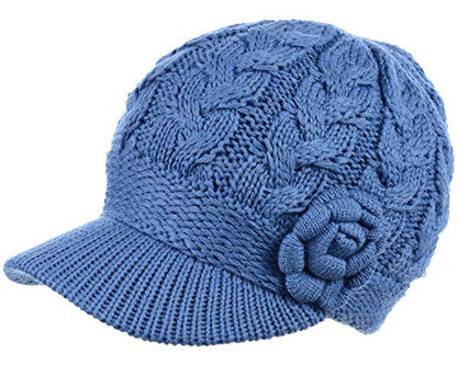 Womens Winter Elegant Cable Flower Knitted Newsboy Cabbie Cap Beret Beanie Hat with Visor, Warm Plush Fleece Lined - color: Denim Blue Cable Flower