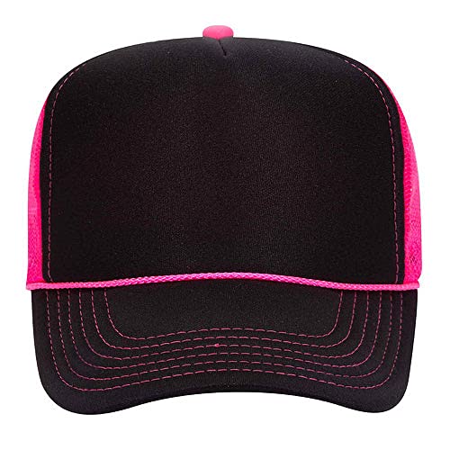 Ashen Fane Polyester Foam Front 5 Panel High Crown Mesh Back Trucker Hat - color: Blk/Blk/N.pnk