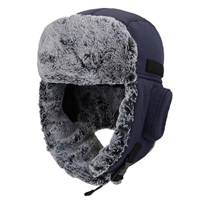 Connectyle Men's Trapper Hat with Faux Fur Linning Eskimo Windproof Winter Warm Hats Ushanka Hunting Hat - color: Navy Blue