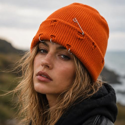 Distressed Ring Beanie Hat for Women Men Slouchy Skull Cap - color: Orange