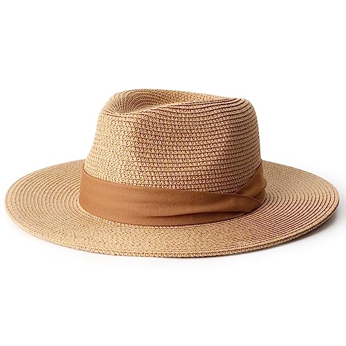 DRESHOW Women Straw Panama Hat Travel Fedora Beach Sun Hat Summer Wide Brim Straw Roll up Hat UPF 50+ - color: Z Panama Straw Hat: Brown B