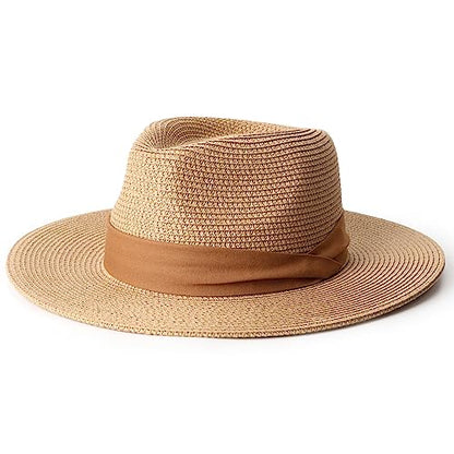 DRESHOW Women Straw Panama Hat Travel Fedora Beach Sun Hat Summer Wide Brim Straw Roll up Hat UPF 50+ - color: Z Panama Straw Hat: Brown B