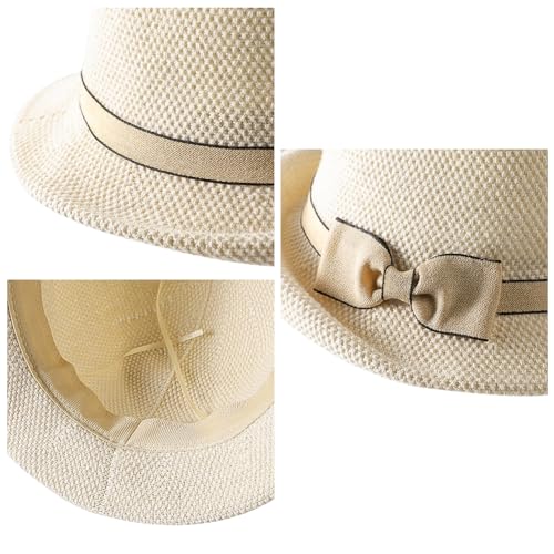 Women Beach Cloche Sun Bucket Hat Rolled Church Hat Folded Shipping - color: Bowknot/Beige