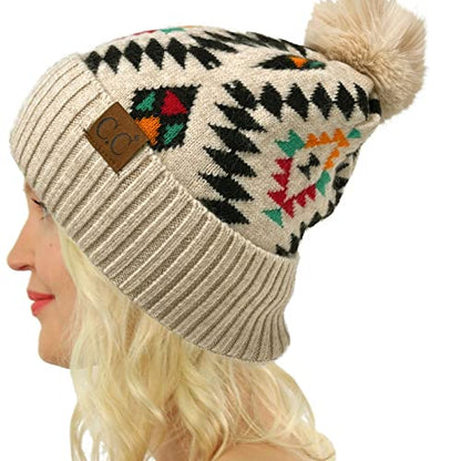 C.C Fur Pom Winter Fall Trendy Chunky Stretchy Cable Knit Beanie Hat - color: Aztec Beige