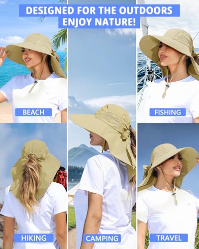 Womens Sun Hat Outdoor UV Protection Wide Brim Fishing Hat with Ponytail Hole Neck Flap for Beach Hiking Camping - color: Light Khaki