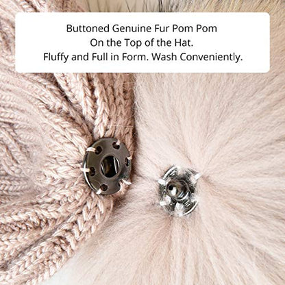 Women's Knitted Angora Wool Hat for Autumn and Winter Warm and Stylish with Rolled Brim and Slanted Rhinestones Cap - color: Logo-pink&pink Fur Pompom