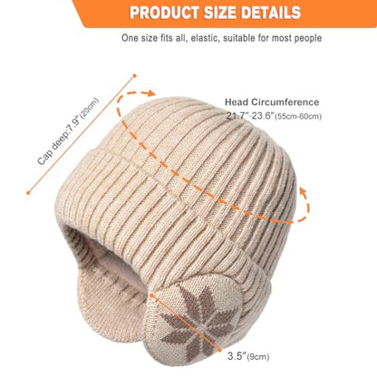 Knit Beanie Hat with Earflaps – Winter Warm Thick Fleece Lined Ski Skull Cap for Men Women - color: Beige