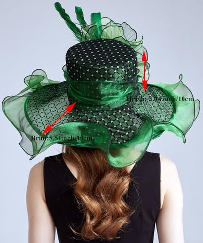 Women Organza Derby Hat Fascinator Tea Party Wedding Church Derby Hat Fascinator Hats Dual-use - color: 02e Green