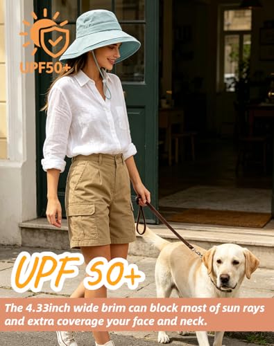 Rosoz Women Sun Hat with Ponytail Hole Wide Brim Bucket Hats UPF 50+ Beach Hiking Gardening Hat Water-Resistant Outdoot Hat - color: Blue