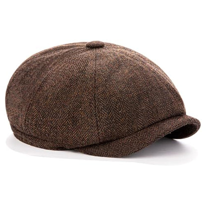 Men's Wool Newsboy Cap 8-Panel Tweed Taxi Hat Herringbone Gatsby Flat Hats - color: D-coffee
