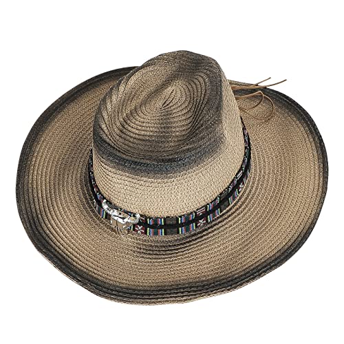 Straw Cowboy Sun Hat for Men Women Summer Fedora Beach Panama Western Cap - color: Brown