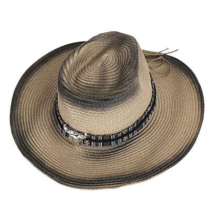 Straw Cowboy Sun Hat for Men Women Summer Fedora Beach Panama Western Cap - color: Brown