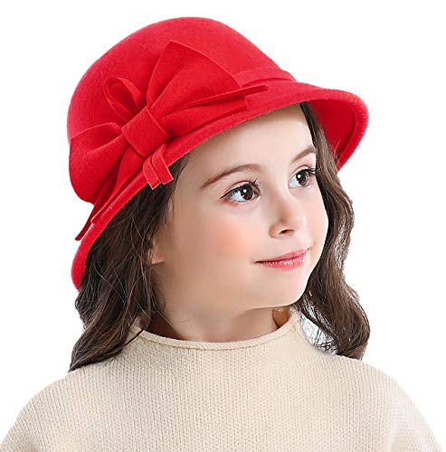 Bienvenu Kids Girls Winter Warm 100% Wool Bucket Hats Fedoras with Bowknot - color: Red