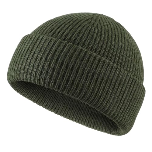 Connectyle Short Fisherman Beanie for Men Women Warm Winter Hats Knit Cuffed Beanies Skull Cap Acrylic Watch Hat - color: Army Green
