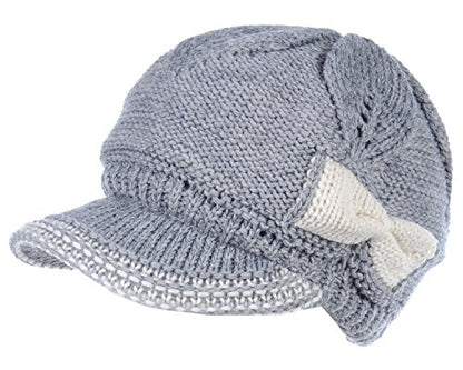 BYOS Womens Winter Chic Cable Warm Fleece Lined Crochet Knit Hat W/Visor Newsboy Cabbie Cap - color: Gray W/ Ivory Bow