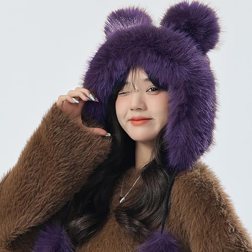 Winter Faux Fur Hat with Ears Flaps Fluffy Bear Beanie Cap Animal Lovers Gift - color: Purple
