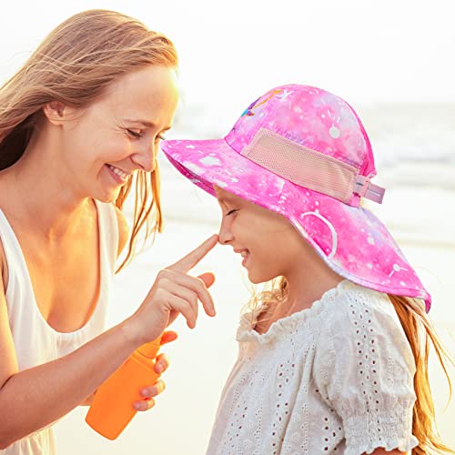Girls Sun Hat for Kids UV Protection Unicorn Summer Hat Beach Play Hats Wide Brim Neck Flap for Girls Ponytail Hat 2-9 Years - color: Pink Unicorn