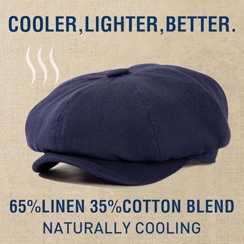 Oversized XL XXL Natural Linen Flat Cap Lightweight 8 Panel Summer Cooling Eco-Friendly Newsboy Hat Golf Outdoor - color: Navy Herringbone, size: Medium-Large