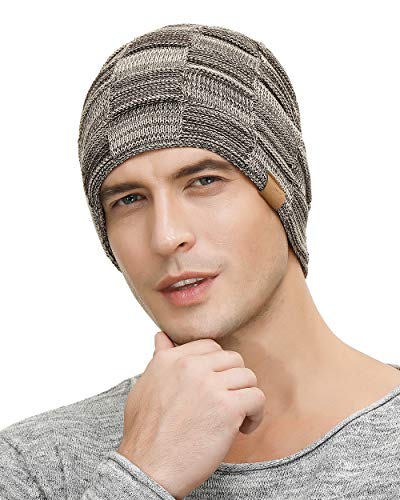 Vgogfly Slouchy Beanie for Men Winter Hats for Guys Cool Beanies Mens Lined Knit Warm Thick Skully Stocking Binie Hat Pairs - color: Navy / Brown