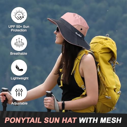 Womens Sun Hat with Ponytail Hole, UV Protection Foldable Beach Fishing Hat - color: Pink & Grey