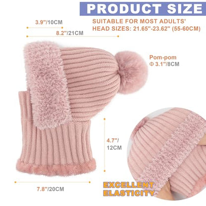 AQOKKA 3 in 1 Knit Fleece Lined Beanie Hat with Scarf and Mask Warm - color: Pink