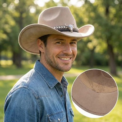 Women Men Western Cowboy Cowgirl Hat with Buckle Belt Wide Brim Outdoor Fedora Hats - color: Beige