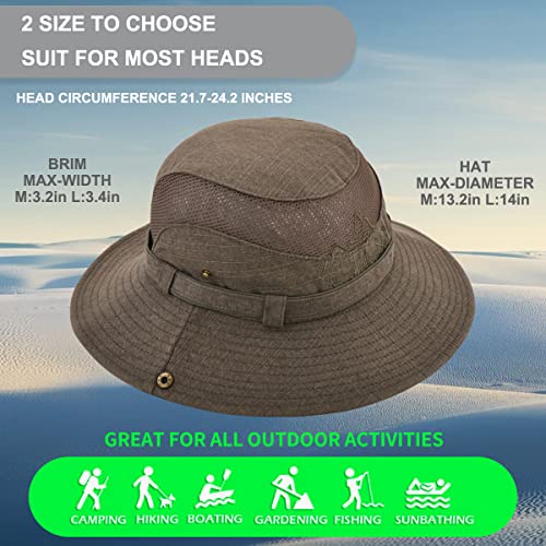 Sun Hat Men Cotton Embroidery Wide Brim Bucket Safari Boonie - color: Coffee Browm, size: 7 1/4-7 5/8