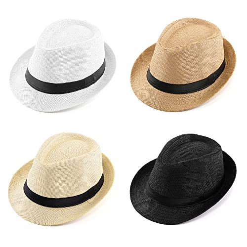 FALETO Unisex Summer Panama Straw Fedora Hat Short Brim Beach Sun Cap Classic - color: #011 Pack for 4 Colros