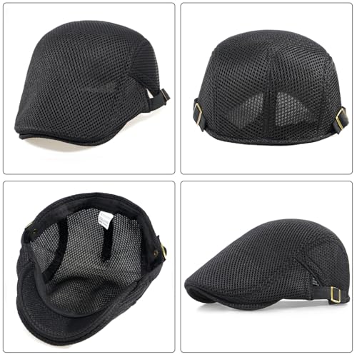 Xinveen Men's Mesh Cap Breathable Summer Newsboy Hat Adjustable Beret Ivy Cap Irish Cabbie Driving Hunting Hats - color: Black