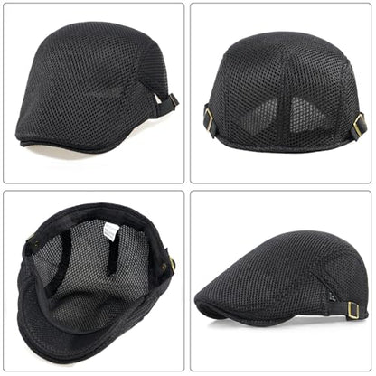 Xinveen Men's Mesh Cap Breathable Summer Newsboy Hat Adjustable Beret Ivy Cap Irish Cabbie Driving Hunting Hats - color: Black